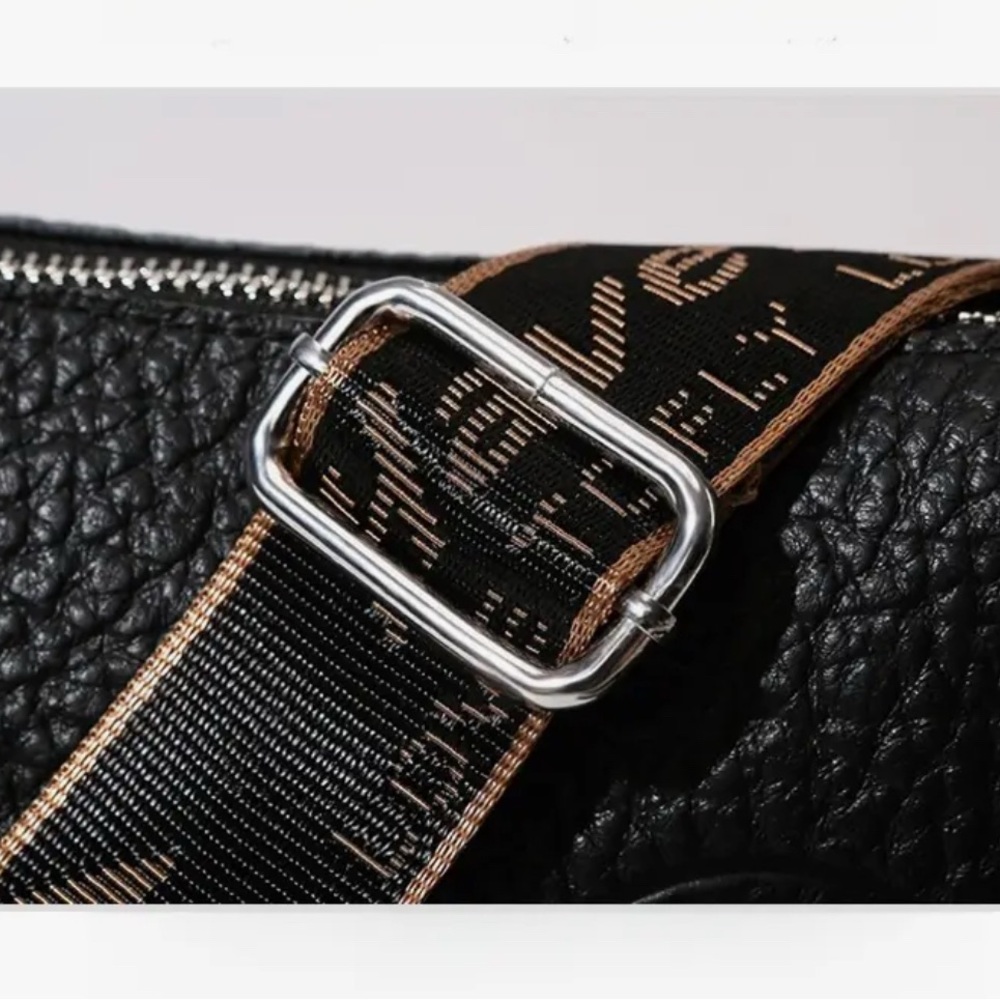 Black Pebble Textured Shoulder Bag with Logo Strap NIP - Picture 9 of 11